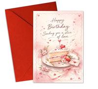 Tarjeta de felicitación de cumpleaños con texto en inglés "Happy Birthday Sending You a Slice of Love" (5.3 x 8 pulgadas) con diseño romántico de pastel con corazones, postre, dulce felicitación de