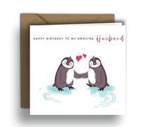 Tarjeta de felicitación de cumpleaños con texto en inglés «Happy Birthday to My Amazing Husband» - Penguins in Love | Tarjeta cuadrada plegada (15 x 15 cm) - Sobre de papel kraft incluido - Interior