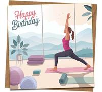 Tarjeta de felicitación de cumpleaños de yoga para ella, cuadrada, 145 mm x 145 mm, ilustración de mujer haciendo poses, interior en blanco, incluye sobre de papel kraft, regalo de fitness/yogi