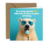 Tarjeta de felicitación de cumpleaños - Divertido oso polar con gafas de sol y helado sobre un fondo azul brillante, para papá | Tarjeta plegada (15 x 15 cm) - con sobre de papel kraft - Interior en