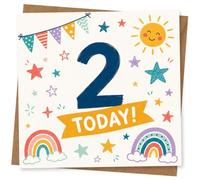 Tarjeta de felicitación de cumpleaños número 2 para niños, diseño de arco iris, sol y estrellas