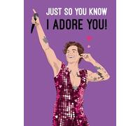 Tarjeta de felicitación de cumpleaños o aniversario con texto en inglés "I Adore You" de Harry Styles