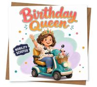 Tarjeta de felicitación de cumpleaños para ella, divertida y bonita tarjeta de cumpleaños con una dama coronada en un patinete de movilidad