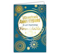 Tarjeta de felicitación de cumpleaños para un hombre fantástica fuego artificial dorado y estrellas azules fabricada en Francia