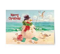 Tarjeta de felicitación de diseño de Red Farm Studio de Navidad, Sandman con gaviotas (caja de 18 tarjetas náuticas/costeras con sobres blancos)