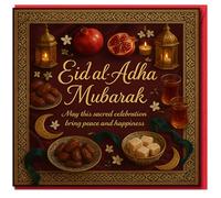 Tarjeta de felicitación de Eid al-Adha Mubarak, linternas, medias, fechas y té, mensaje de paz y felicidad