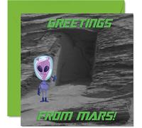 Tarjeta de felicitación de feliz cumpleaños - Greetings from Mars - Welcome, Happy Birthday Funny Alien Genérica Tarjeta de felicitación para él o ella, 145 mm de felicitación para hijo, sobrino,