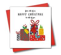 Tarjeta de felicitación de Navidad adornada con texto en inglés "From All of Us Happy Christmas To All", regalos