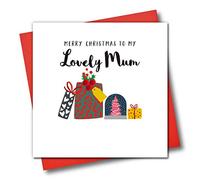 Tarjeta de felicitación de Navidad adornada con texto en inglés "Merry Christmas To My Lovely Mum", pila de regalos