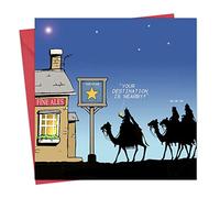 Tarjeta de felicitación de Navidad con los tres reyes magos, camellos, la estrella y un pub de Twizler