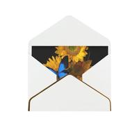 Tarjeta de felicitación de papel con diseño de girasoles amarillos con mariposas azules y perlas con sobre, con ribete dorado, invitación de boda o Navidad