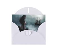 Tarjeta de felicitación de papel con diseño de niña sirena y vela en el mar, pirata, nave, perla, día festivo, (horizontal), estilo 3143