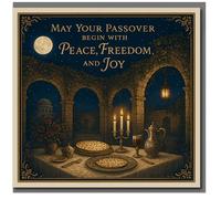 Tarjeta de felicitación de Pascua con texto en inglés "May Your Passover Begin with Peace, Freedom and Joy" - Elegante ilustración nocturna de Seder con Matzá, velas y vino - Tarjeta judía festiva
