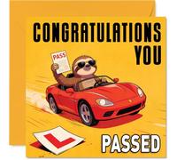 Tarjeta de felicitación de perezoso - Revved-up Fun - Gafas de sol con un coche rojo rápido agarrando un certificado de pase - cuadrado de 145 mm, sobre incluido
