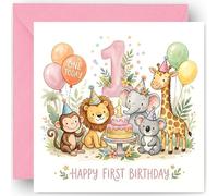 Tarjeta de felicitación de primer cumpleaños para niñas, One Today - 1 año de edad, diseño de animales africanos, tarjeta de felicitación de primer cumpleaños para hija, nieta, sobrina pequeña