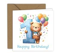 Tarjeta de felicitación de primer cumpleaños para niño, bonito oso con globos, tarjeta plegada con sobre, tarjeta de feliz cumpleaños para niños pequeños, tarjeta de cumpleaños para niños, A6