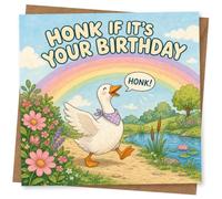 Tarjeta de felicitación divertida con diseño de ganso con texto en inglés "Honk If It's Your Birthday" con arco iris, con temática de pato para él, ella, niños y amantes de los animales