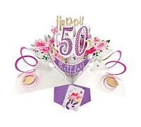 Tarjeta de felicitación emergente de 50 cumpleaños con diseño de flores original Second Nature 3D