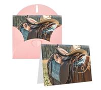 Tarjeta de felicitación en blanco de 4 x 6 pulgadas con sobres, silla de caballo con sombrero de vaquero, tarjetas de agradecimiento, tarjetas de notas, tarjetas rosas para todas las ocasiones para