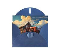Tarjeta de felicitación en blanco de papel perlado con diseño de tractor rojo de granja, adecuada para cumpleaños, boda, fiesta, invitación con sobre azul