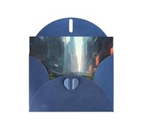 Tarjeta de felicitación horizontal con diseño de la ciudad en el agua con sobre azul en forma de corazón y escribe varios saludos navideños