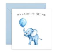 Tarjeta de felicitación para baby shower para niños - Elefante azul con globo - nuevos padres, mamá, papá, hermano, hermana, primo, vecino, amigos - hermoso bebé niño - Felicitaciones - Viene con