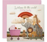 Tarjeta de felicitación para bebé con texto en inglés "Welcome to the World, Little Lady" - Animales de safari pastel con arco iris y cochecito - Cuadrado de 145 mm, sobre incluido