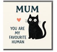 Tarjeta de felicitación para el día de la madre o cumpleaños para mamá del gato negro con texto en inglés "Mum You Are My Favourite"