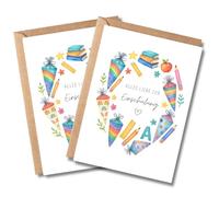 Tarjeta de felicitación para escolarización para niña, acuarela, tarjeta de felicitación multicolor con bolsas escolares, tarjeta de felicitación para el comienzo del colegio A6 con sobre para dinero