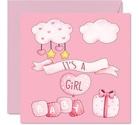 Tarjeta de felicitación para recién nacido, con texto en inglés "It's a girl", tarjetas de felicitación para recién nacidos, tarjetas de felicitación bien hechas, regalos de bienvenida al mundo, tarjetas de felicitación para padres de bebé de 145 mm x 145 mm