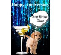 Tarjeta de felicitación personalizada con texto en inglés "Happy Anniversary Golden Retriever perrito"