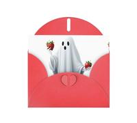 Tarjeta de felicitación roja con diseño de fantasma DLXW sosteniendo un patrón de fresa para Navidad, cumpleaños infantil, día de San Valentín, aniversario de boda e invitación a fiesta