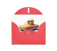 Tarjeta de felicitación roja con diseño de muñeca de hamburguesa DLXW conduciendo un coche para Navidad, cumpleaños infantil, día de San Valentín, aniversario de boda e invitación a fiesta