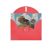 Tarjeta de felicitación roja con diseño de pabellón de DLXW en la colina para Navidad, cumpleaños infantil, día de San Valentín, aniversario de boda e invitación a fiestas