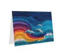 Tarjeta de felicitación roja en blanco y perla, hermoso bloque de notas en blanco VVXBHGR, patrón de delfines y ondas arcoíris