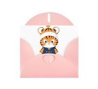 Tarjeta de felicitación rosa DLXW Little Tiger con un patrón de gorro de noche para Navidad, cumpleaños infantil, día de San Valentín, aniversario de boda e invitación a fiesta