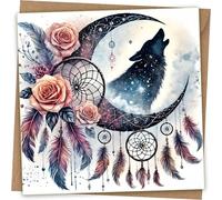 Tarjeta de felicitación tribal con diseño de lobo aullando y sobre de papel kraft