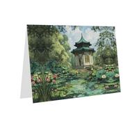 Tarjeta de felicitación verde oscuro con diseño de cuadros en blanco y perlas, hermoso bloque de notas en blanco VVXBHGR Pavilion at the pond Pattern