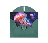 Tarjeta de felicitación WHJSHOP con estampado de medusas coloridas de color verde oscuro, papel nacarado de alta gama, doble cara, efecto perlado, hebilla de amor, sobre de papel perlado