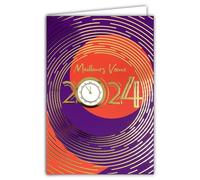 Tarjeta de Feliz Año Nuevo 2024 de los mejores deseos en oro dorado brillante con sobre blanco, formato de 12 x 17,5 cm, gran número de dígitos, reloj péndulo de 12 golpes de medianoche de Año Nuevo,