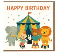 Tarjeta de feliz cumpleaños con animales de circo, bonita tienda de campaña grande con elefante, oso, león y pequeño artista, conejo mágico y estrellas, tarjeta de felicitación de cumpleaños para