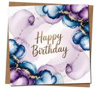 Tarjeta de feliz cumpleaños, diseño floral de acuarela púrpura y azul, tipografía dorada - cuadrada 145 mm x 145 mm, incluye sobre de papel kraft