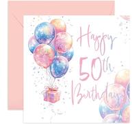 Tarjeta de feliz cumpleaños número 50 para mujer, diseño de globos rosas y morados, fiesta de 50 cumpleaños femenina, con sobre