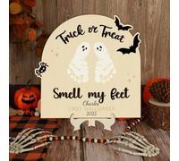 Tarjeta de hito de madera personalizada con la primera huella de Halloween del bebé, dulce o truco, letrero de huella de bebé, recuerdo de Halloween, manualidades, arte para decoración de guardería