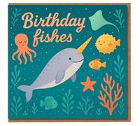 Tarjeta de juego de palabras de peces de cumpleaños, lindo narval y criaturas marinas, divertida tarjeta de cumpleaños para niños, niñas o cualquier persona, tema del océano, interior en blanco, con
