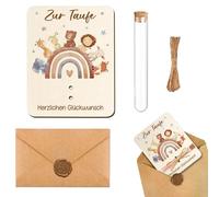 Tarjeta de madera para bautizo 1 unidad - regalo original con tubo para dinero o dedicatoria - 14,3×11 cm - diseño arcoíris y animales para niña o niño - con sobre y cuerda decorativa