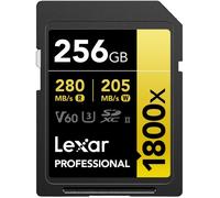 Lexar SDXC Professional 256GB 1800x UHS-II Serie Gold, Clase 10, U3, V60, Grabación de vídeo en 4K, Negro