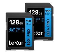 Tarjeta de memoria Lexar de 128 GB (paquete de 2) de alto rendimiento 800x PRO SDXC UHS-I C10 U3 V30, video 4K UHD de hasta 150 MB/s de lectura p