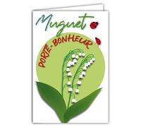Tarjeta de muguet Porta-Bonheur 1 de mayo Fiesta del Trabajo Primavera Hebras Campanas Blancas Escarabajos Ilustración con sobres formato 12 x 17,5 cm Papel PEFC 300 gr brillante fabricado en Francia