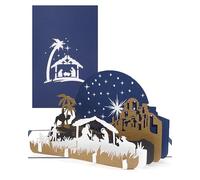Tarjeta de Navidad 3D con diseño de Sagrada Familia. Navidad; elegante tarjeta desplegable para Navidad con pesebre, color azul y blanco